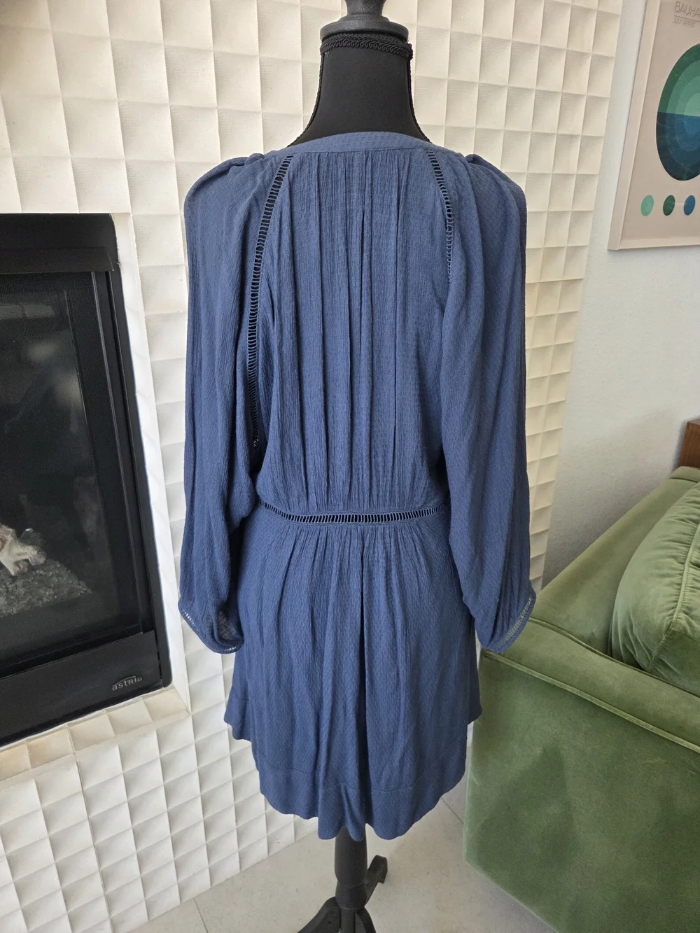 Free People Go Lightly Mini Dress Blue Boho V-Neck Gauze Crochet Trim Small - Picture 5 of 9